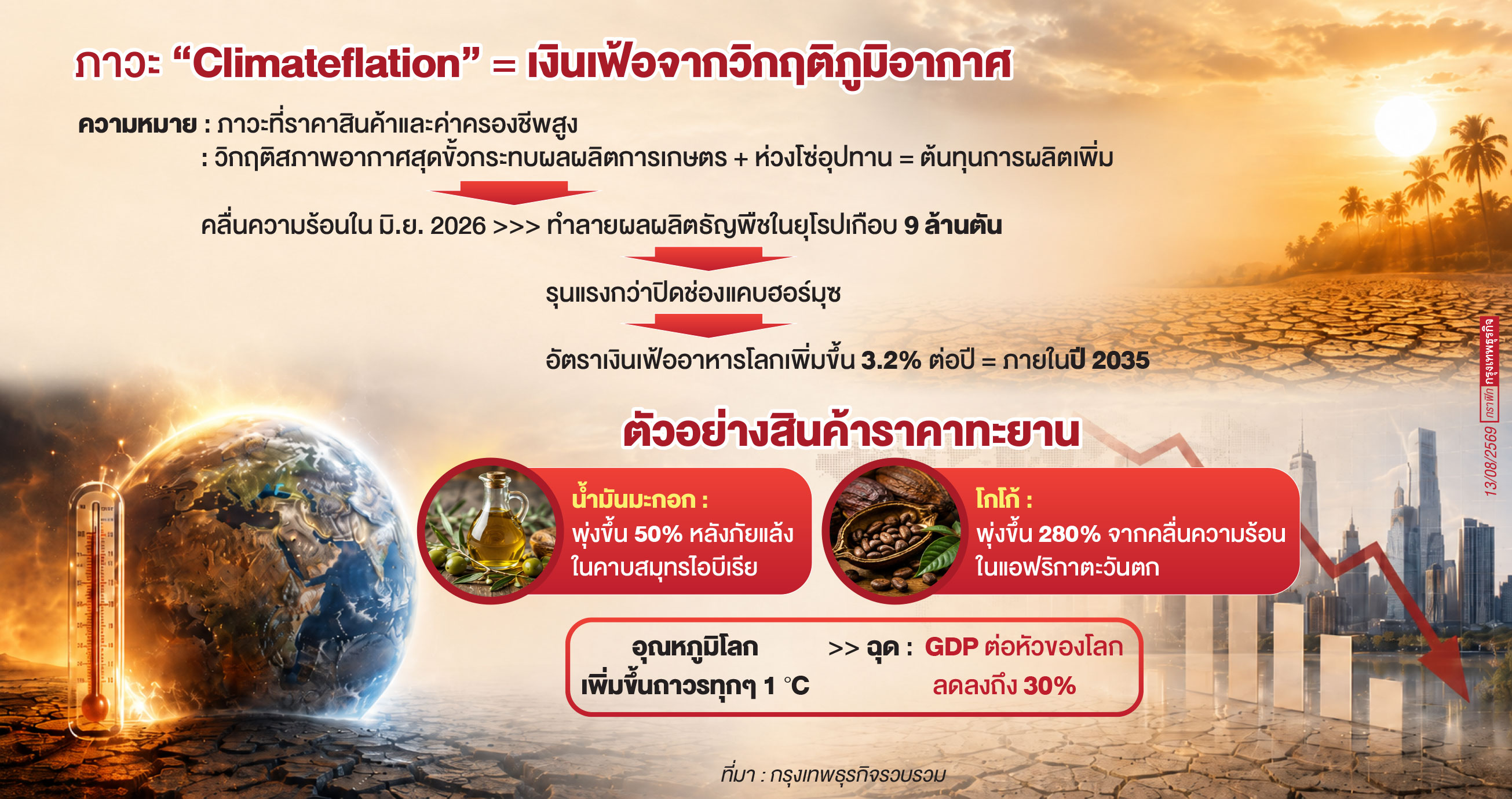 ร้อนขึ้น 1°C ฉุด GDP โลกลด 30% ‘ไคลเมตเฟลชัน’ ดันราคาอาหาร-เบี้ยประกันพุ่ง