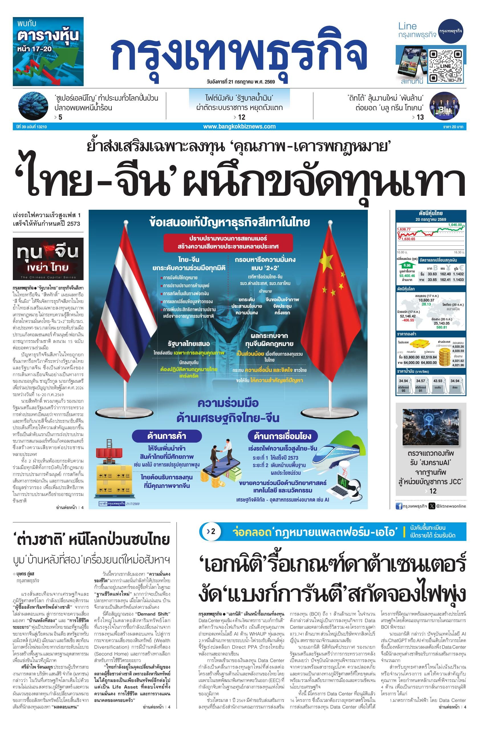 หนังสือพิมพ์ฉบับวันที่ 21 ก.ค. 69