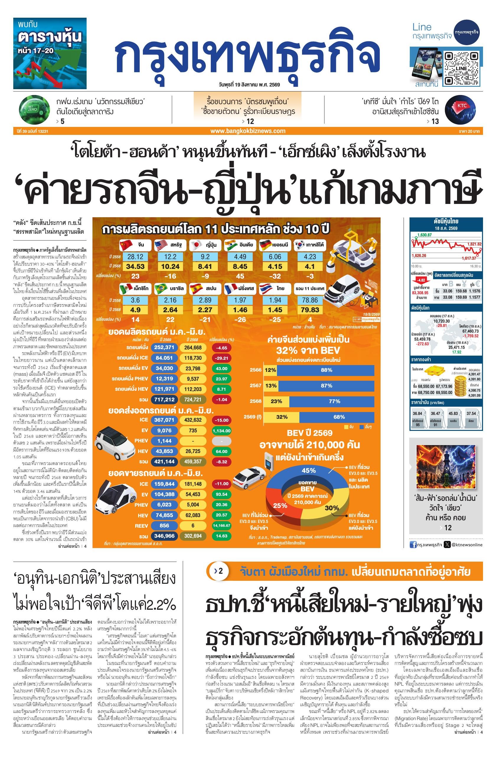 หนังสือพิมพ์ฉบับวันที่ 19 ส.ค. 69