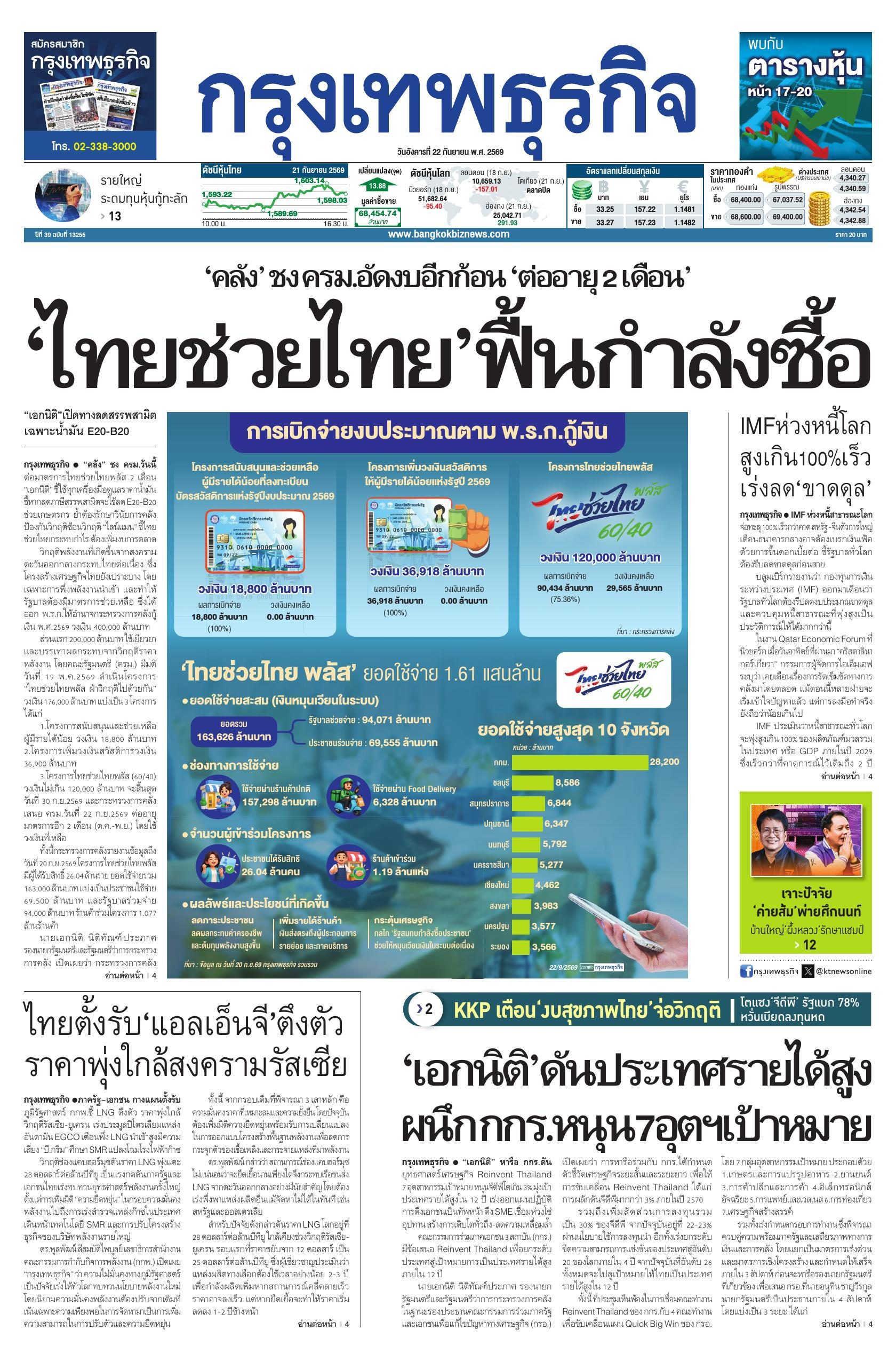 หนังสือพิมพ์ฉบับวันที่ 22 ก.ย. 69